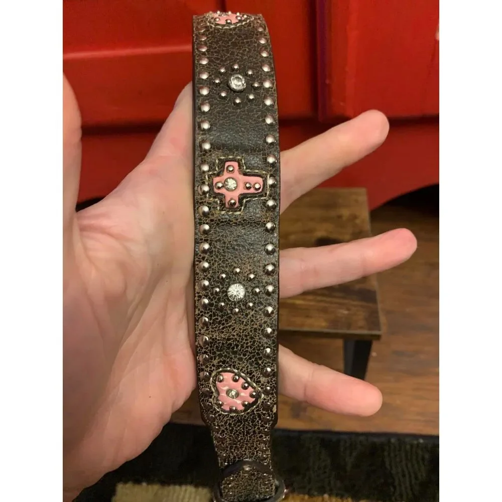 Nocona Belt Company Size 24 Genuine Leather Pink Cross Heart Bling Western EUC